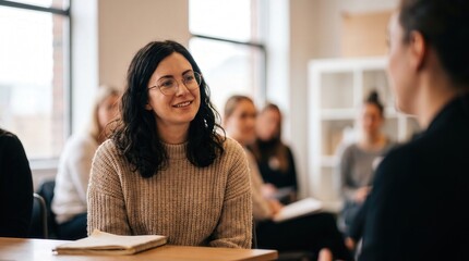 Obraz premium Smiling Businesswoman with Glasses Listening During Group Workshop in Modern Office, Corporate Training and Professional Development Team Meeting