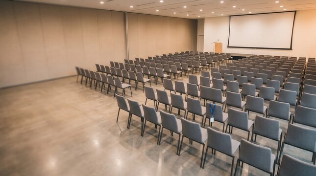 Empty Conference Room with Rows of Grey Chairs and Projection Screen for Business Seminar or Professional Training Session