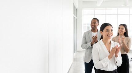 Fototapeta premium Diverse Business Professionals Clapping and Smiling in Modern Bright Office with Large White Wall Copy Space for Corporate Messaging and Employee Recognition