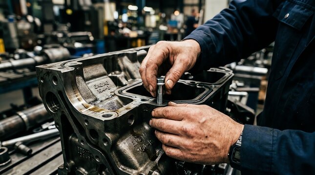 Close up of mechanic hands assembling heavy diesel engine block in industrial workshop