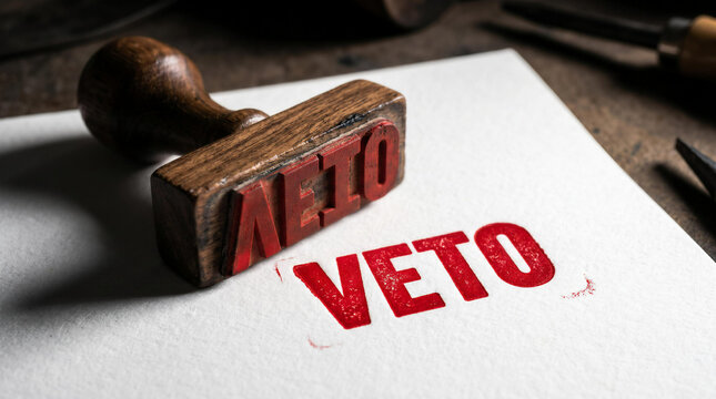 A wooden rubber stamp lies next to its red ink imprint of the word Veto on white paper.