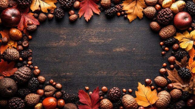 Autumn leaves, apples, nuts and berries border dark wood table. Ideal for backgrounds, seasonal graphics or thanksgiving celebrations.