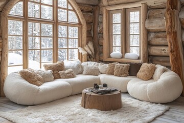 Fototapeta premium Cozy log cabin interior with white sofa, cushions and snowy window view. Perfect for showcasing rustic style, comfort and winter holidays theme.