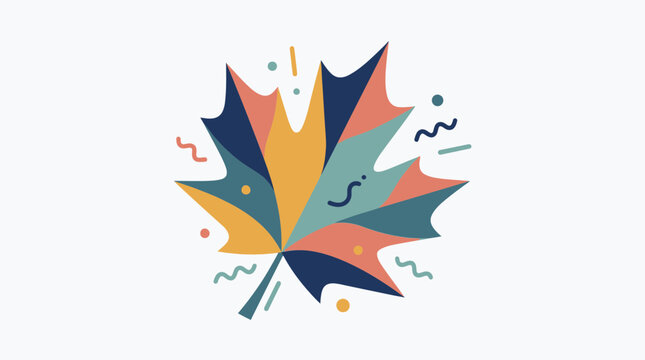 Multicolored abstract maple leaf graphic design decorated with confetti shapes and playful modern elements.