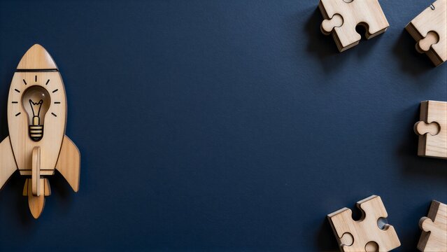 Wooden rocket with lightbulb, puzzle pieces nearby on dark blue surface.