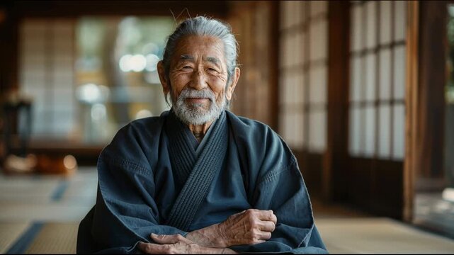 Elderly man sits in traditional Japanese room with wooden panels and sliding doors during daytime