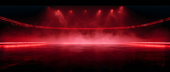 Fototapeta premium This red ice rink backdrop features neon red lights, spotlights, and smoke. Suitable for hockey competitions and winter-themed posters. Ideal for ice skating scenes, stadium visuals, or stock backgrou