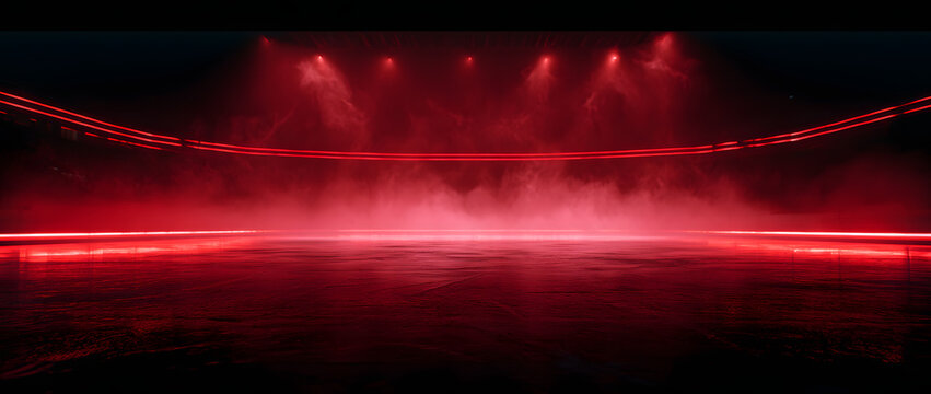 This red ice rink backdrop features neon red lights, spotlights, and smoke. Suitable for hockey competitions and winter-themed posters. Ideal for ice skating scenes, stadium visuals, or stock backgrou