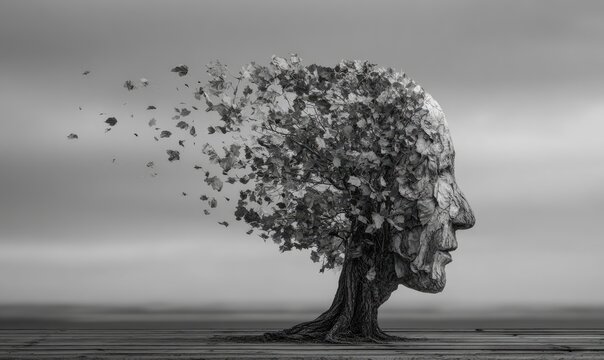 Gray head dissolving into a tree