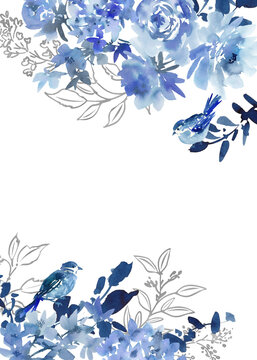 Watercolor Blue Floral Background with Abstract Hand-Painted Roses, Wildflowers, Little Birds, and Silver Botanical Line Art for Wedding Invitations and Greeting Cards