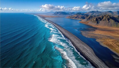 Fototapeta premium Coastal landscape, dramatic waves, dark sand, mountains, clear sky