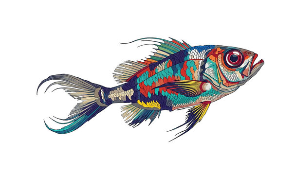 Vibrant colorful mandarin fish digital illustration isolated on white