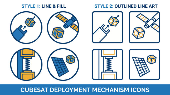 Aerospace CubeSat Deployment Mechanism Icon Set for Satellite Launch Systems
