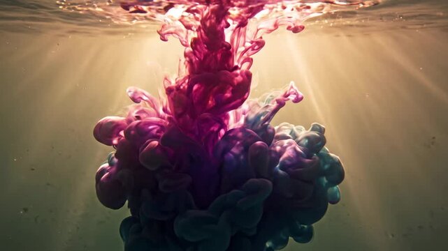 Colorful ink cloud blooming underwater with sun rays, abstract fluid dynamics, vibrant color explosion