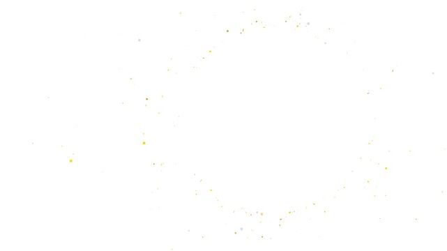 Bright colorful particles explode and scatter across a clean white background in a vibrant motion graphic style.