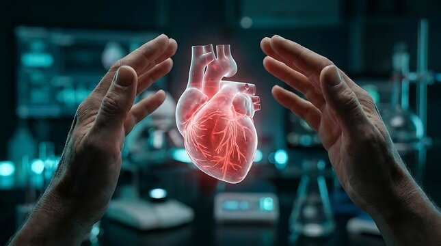 Glowing human heart floating between two hands