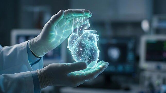 Gloved hands holding glowing digital heart model