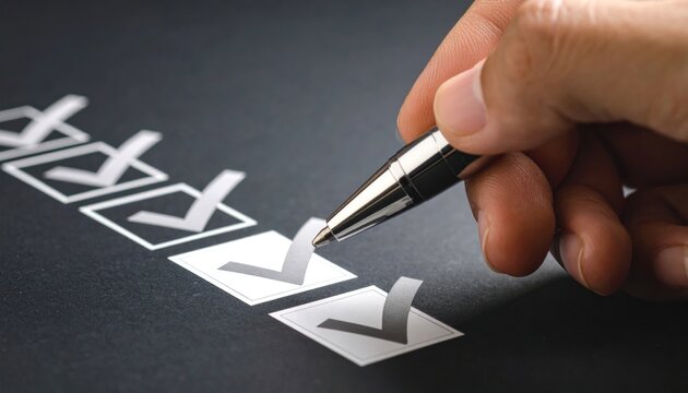 Close-up of a hand holding a pen marking a tick in a white checkbox on a dark sheet, signifying task completion or selection.