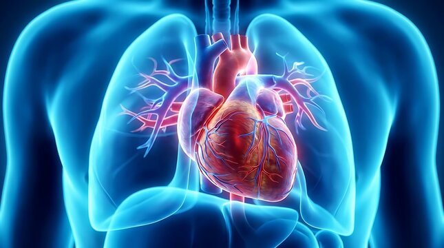 Human heart and lung in blue chest cavity