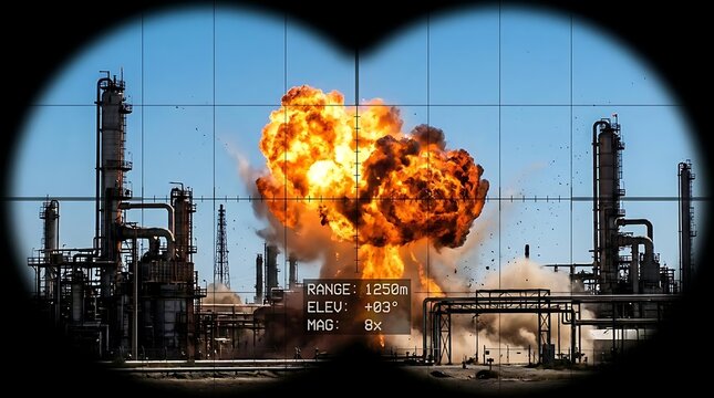Industrial refinery explosion seen through tactical scope
