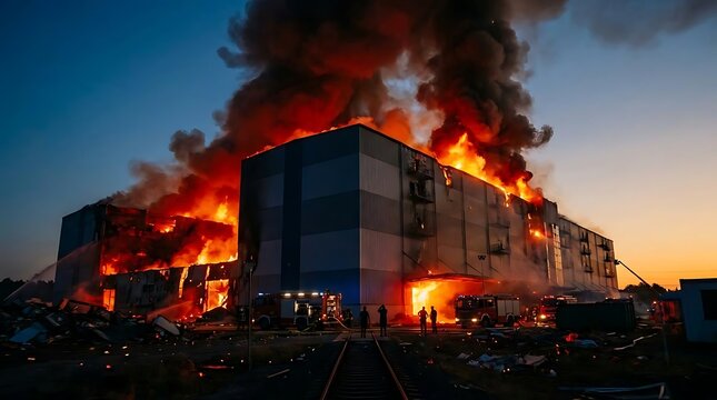 Massive fire consuming large industrial building at night