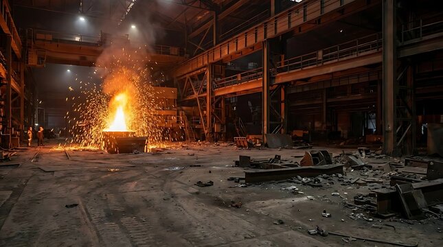 Molten metal and flying sparks in industrial factory