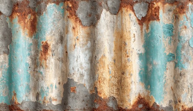 Corrugated metal sheet, weathered and rusty, painted with muted colors