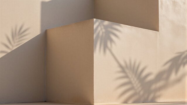 Palm shadows dance on warm, textured walls under soft sunlight.