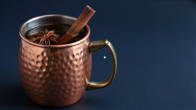 Warm spiced drink in hammered copper mug with cinnamon and star anise.
