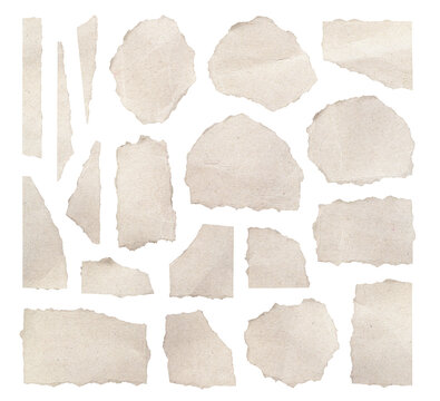 Scattered torn paper pieces and scraps with rough edges, blank for copy space in design.
