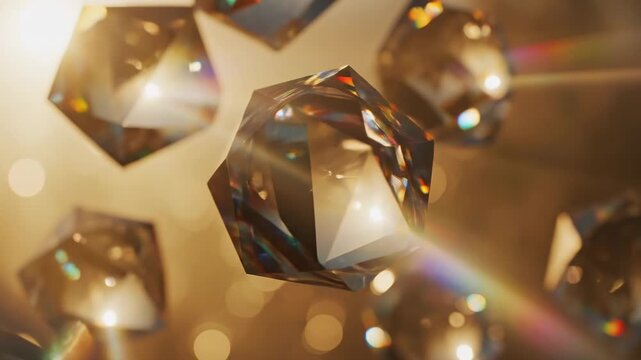 Abstract geometric crystal shapes floating, refracting light and creating rainbow prisms, luxury sparkle, bokeh background
