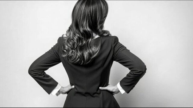 Woman with long hair in a business suit standing against a plain background looking away