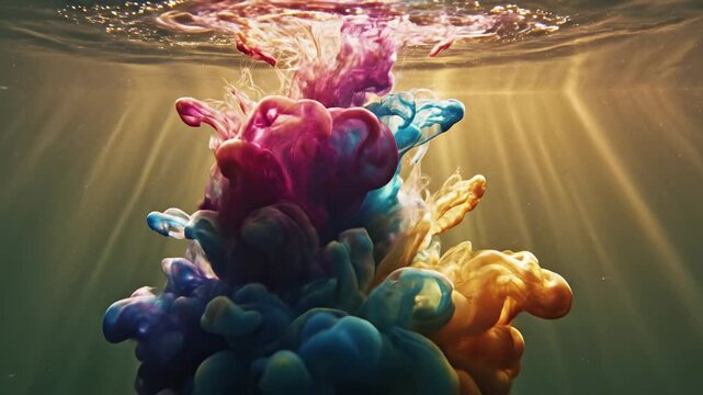 Colorful ink exploding underwater, creating abstract shapes and patterns with light rays shining through the water, dynamic fluid motion, mesmerizing spectacle