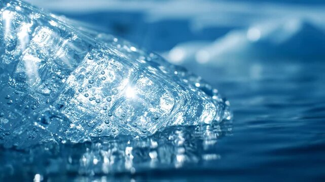 close up of a clear plastic bottle with condensation and bubbles submerged in blue water, refreshing drink, liquid refreshment
