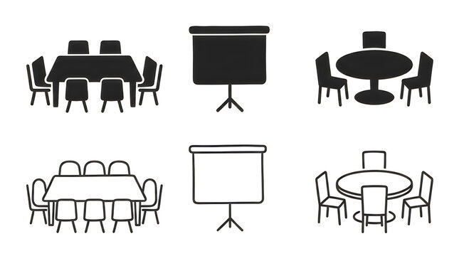 Simple meeting room table and projector icon set