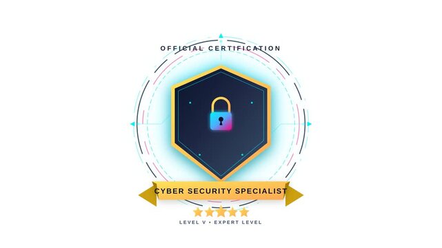 Cyber Security Specialist Official Certification Badge Emblem with Glowing Digital Padlock Icon
