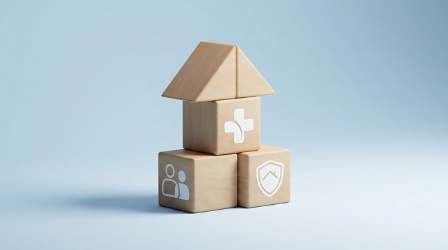 Stack of wooden blocks with health, family, and shield icons representing security and care.