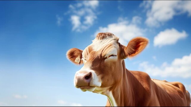 Brown cow stands in a field under a clear blue sky during daytime