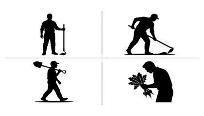 Fototapeta premium Gardening and Agricultural Worker Silhouette Collection Flat Vector Set