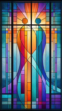 Tall stained glass artwork with two stylized human figures facing each other, radiant rainbow colors, leaded geometry, sunburst light, cathedral style craftsmanship, rich translucent glow