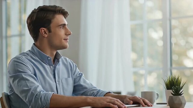 Happy young businessman typing on keyboard at sunny desk near window, looking away thoughtfully in bright modern office.