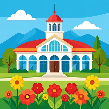 Colorful cartoon church with blooming tulips foreground.