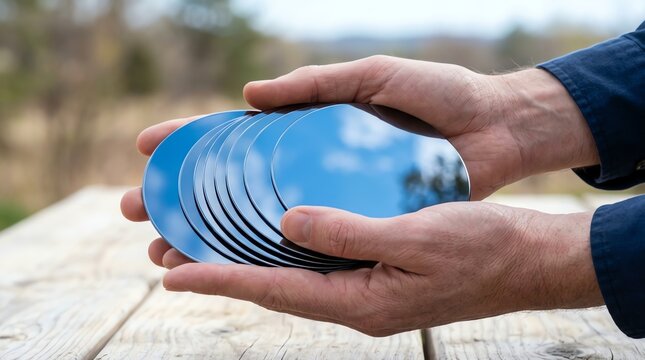A person holding a stack of shiny blue silicon wafers in their hands outdoors, representing semiconductor manufacturing and high technology innovation