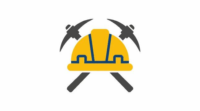 Yellow construction helmet with crossed pickaxes icon.