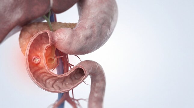 Peptic Stomach Ulcer and Gastric Lesion, Detailed Medical Illustration