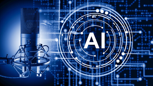 AI voice technology. Studio microphone represents artificial intelligence for speech recognition, voice generation, audio processing and digital communication.