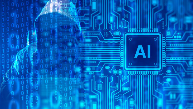Cybersecurity. Hacker uses artificial intelligence and digital networks for cyberattack automation, data intrusion, security threats and system hacking.