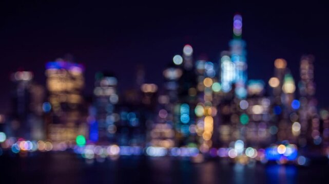雪のように舞うカラフルな円形ボケが、光り輝く抽象的な都市の夜景を形成するマクロ映像。