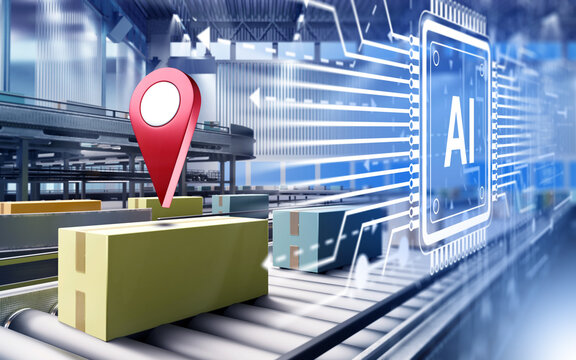 Smart logistics. Artificial intelligence tracks parcel location on automated conveyors, improving warehouse routing, sorting, delivery and supply chain control.