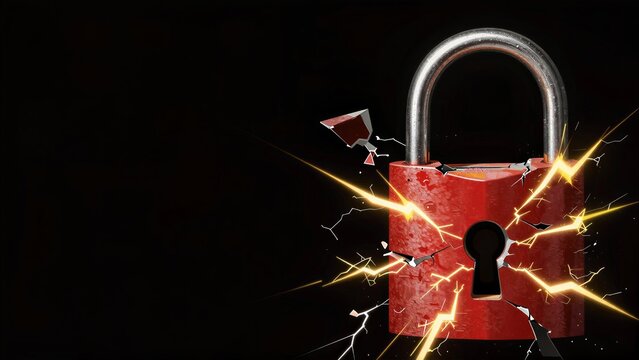 Red padlock shatters with electric sparks, symbolizing security breach or power surge.